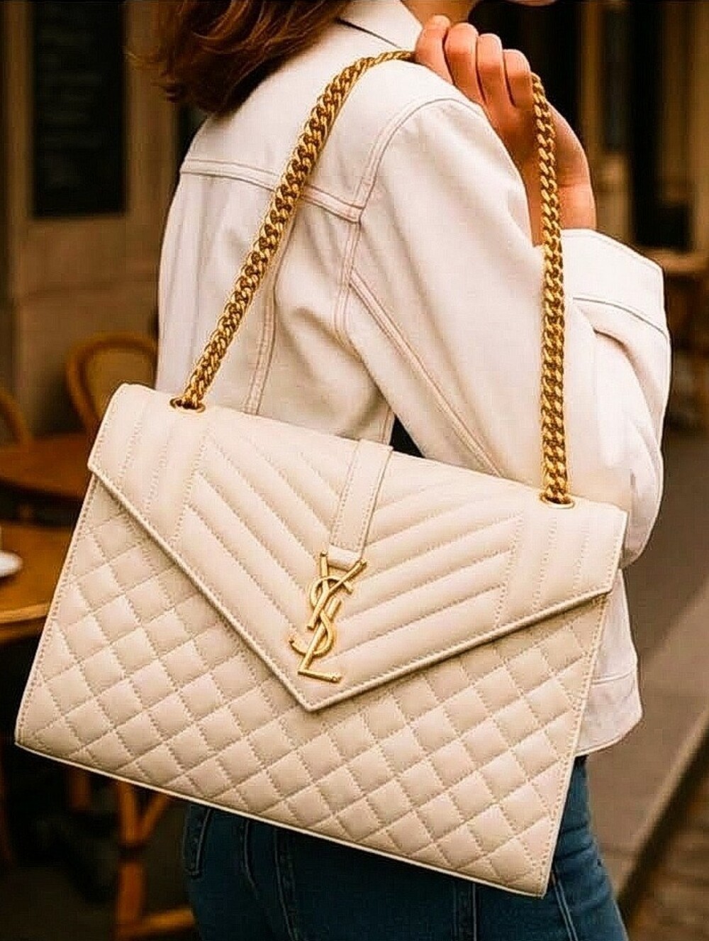 Saint Laurent Large Envelope Triquilt in Grained ivory Leather Gold Hardware - Picture 2 of 16